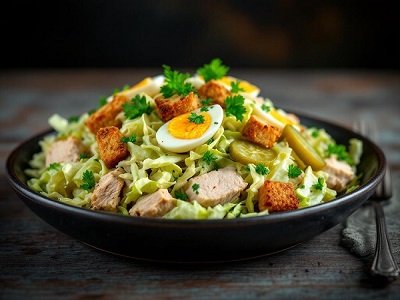 Салат из капусты с курицей и сухариками