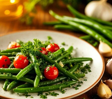 Стручковая фасоль с чесноком и помидорами