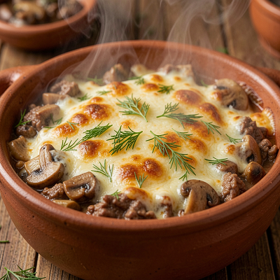 Рубец в горшочках с грибами и сыром