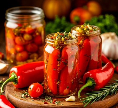 Перец, фаршированный чесноком и зеленью — острая закуска в рассоле 🌶️🧄